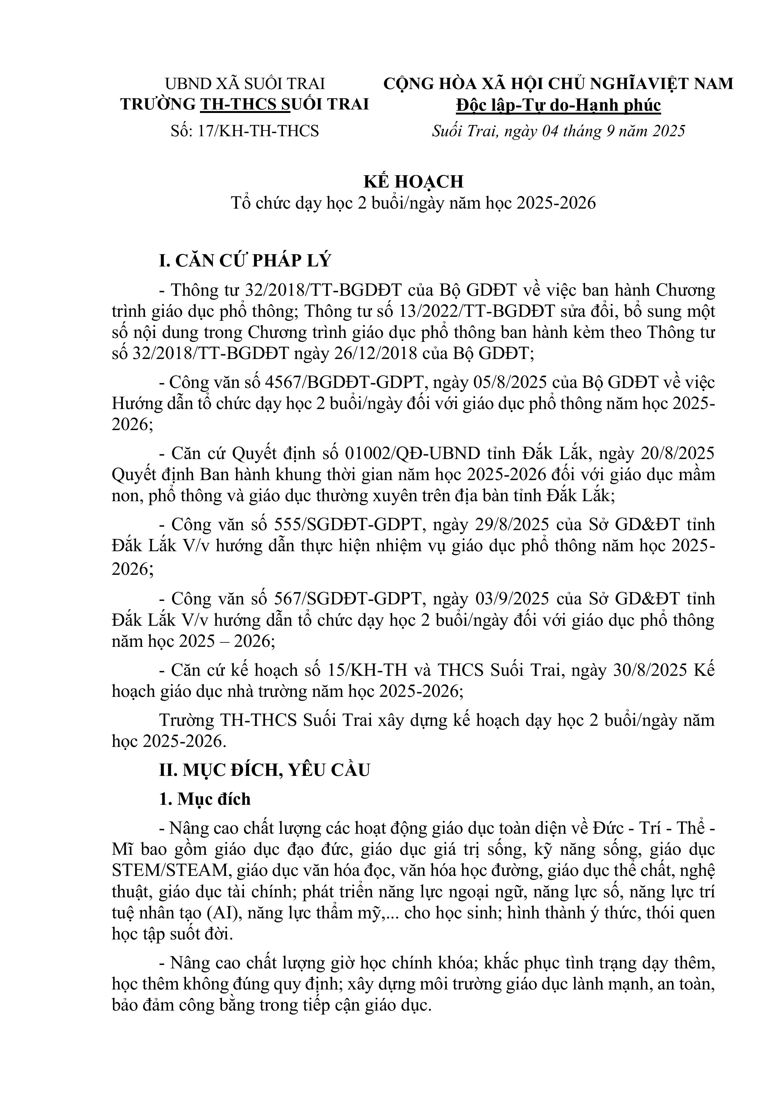 KẾ HOẠCH Tổ chức dạy học 2 buổi/ngày năm học 2025-2026 KẾ HOẠCH Tổ chức dạy học 2 buổi/ngày năm học 2025-2026